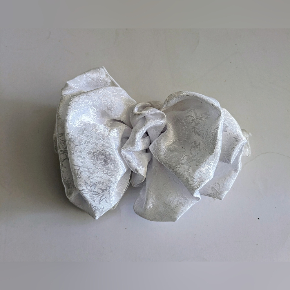 Riviera White Satin Floral Bow Barrette Hair Clip